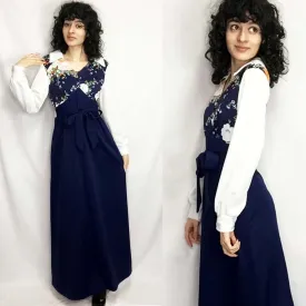 Vintage 60s 70s | Retro Groovy Navy Floral MOD Boho Maxi Dress with Collar | S