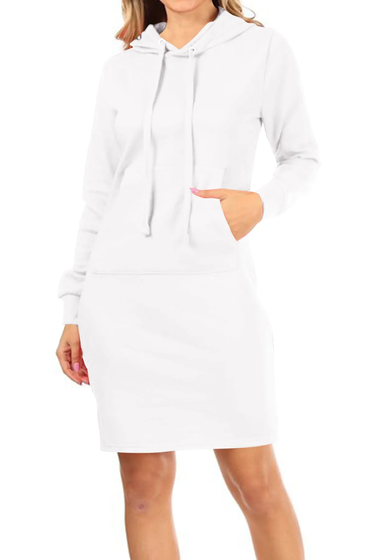 Women's Long Sleeve Fleece Pull On Mini Midi Solid Hooded Dress