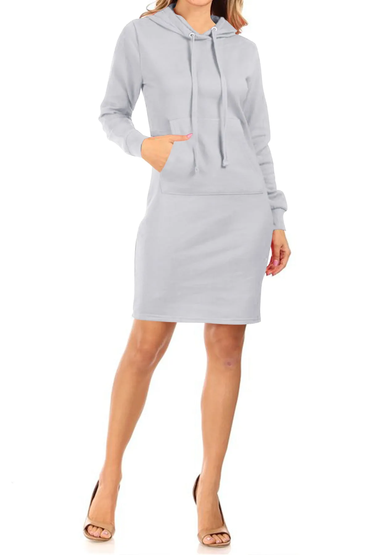 Women's Long Sleeve Fleece Pull On Mini Midi Solid Hooded Dress