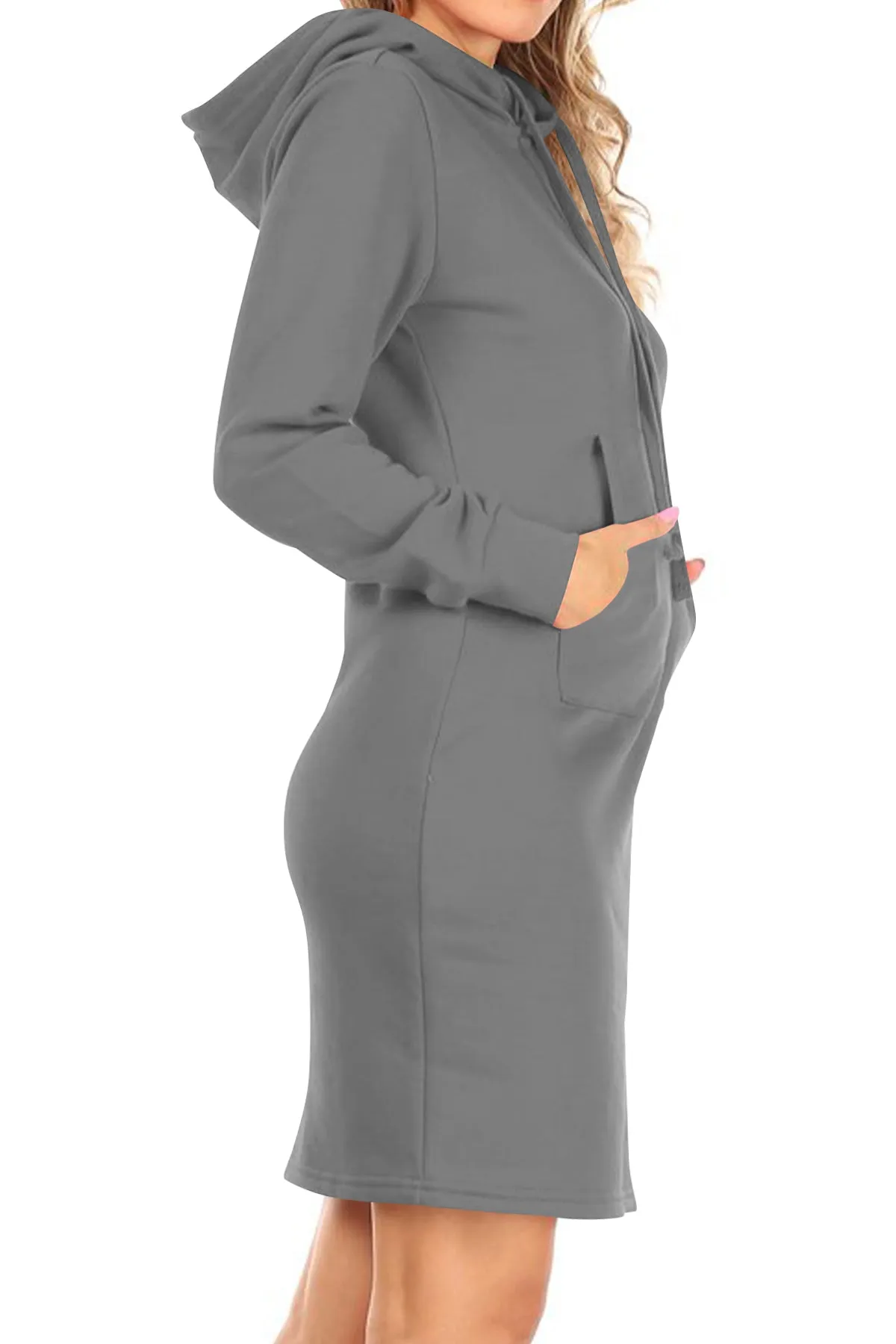 Women's Long Sleeve Fleece Pull On Mini Midi Solid Hooded Dress