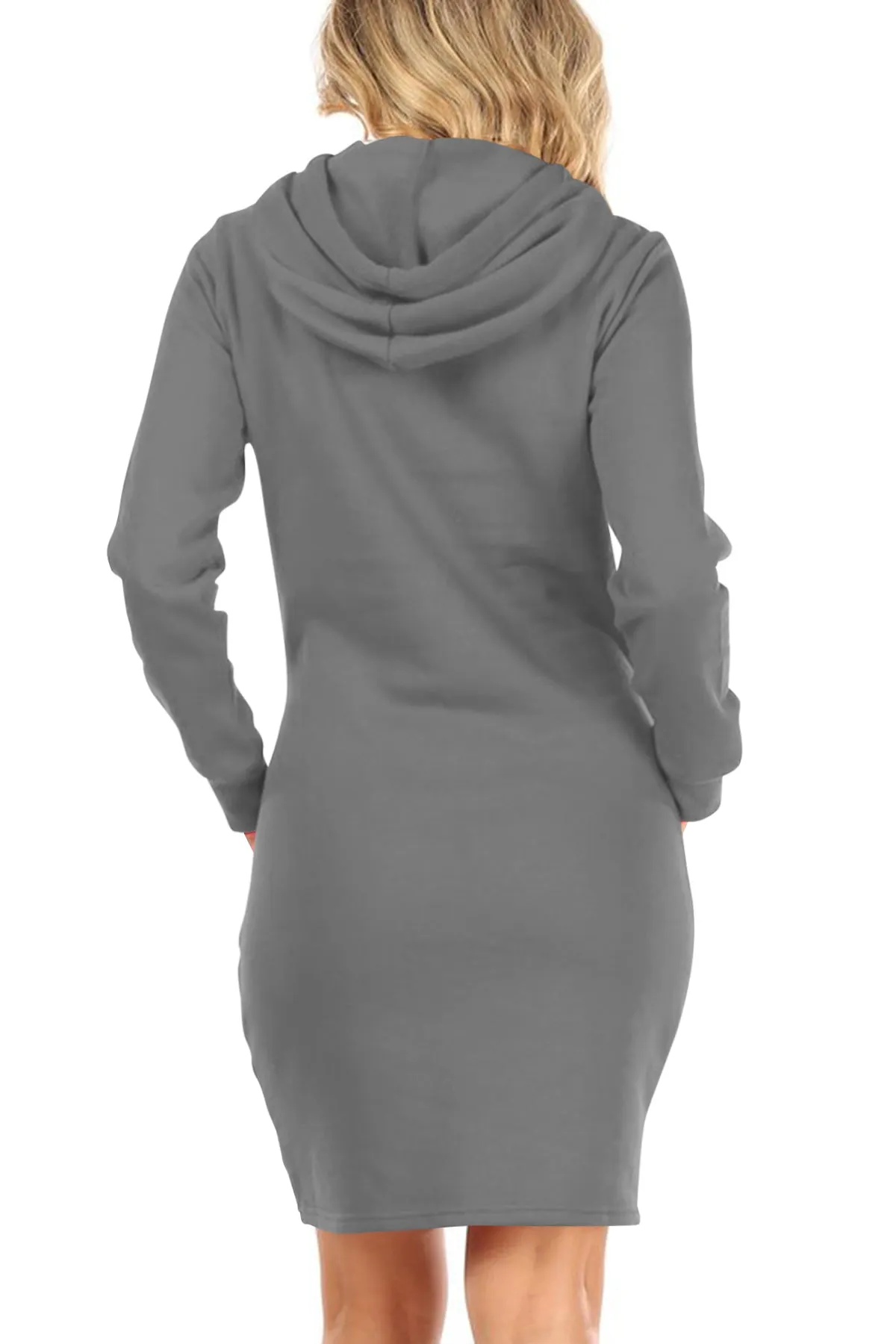 Women's Long Sleeve Fleece Pull On Mini Midi Solid Hooded Dress